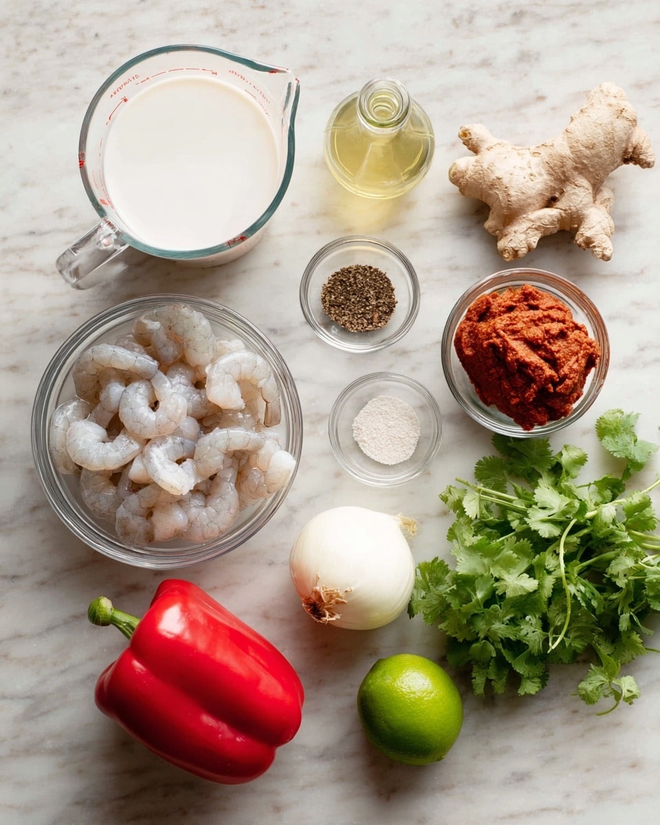 A white marbled surface holds clear glass bowls filled with different ingredients: one bowl has raw shrimp with a light gray and pale pink color, another small bowl has a rich reddish-brown paste, and a third tiny bowl contains salt and black pepper. Nearby, a clear glass measuring cup is filled with a white liquid, likely coconut milk, and a small clear glass bottle has light yellow oil. A bright red bell pepper sits on the surface, along with a whole white onion. Two garlic cloves rest close to the onion. A fresh lime with a bright green peel and a piece of textured ginger root lie near the middle. To the right, a bunch of leafy green cilantro adds a fresh pop of color. photo taken with an iphone --ar 4:5 --v 7