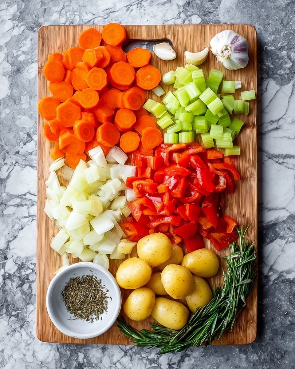 A wooden cutting board on a white marbled surface holds five groups of chopped vegetables arranged in neat clusters: bright orange carrot slices at the top left, pale green celery pieces below them, white diced onion next to celery, red chunky tomato pieces to the right of onion, and halved small yellow potatoes at the bottom center. There are two whole peeled garlic cloves near the top right corner, a sprig of green rosemary positioned diagonally near the bottom right side, and a small white bowl filled with dried herbs placed at the bottom left corner of the cutting board. The photo taken with an iphone --ar 4:5 --v 7