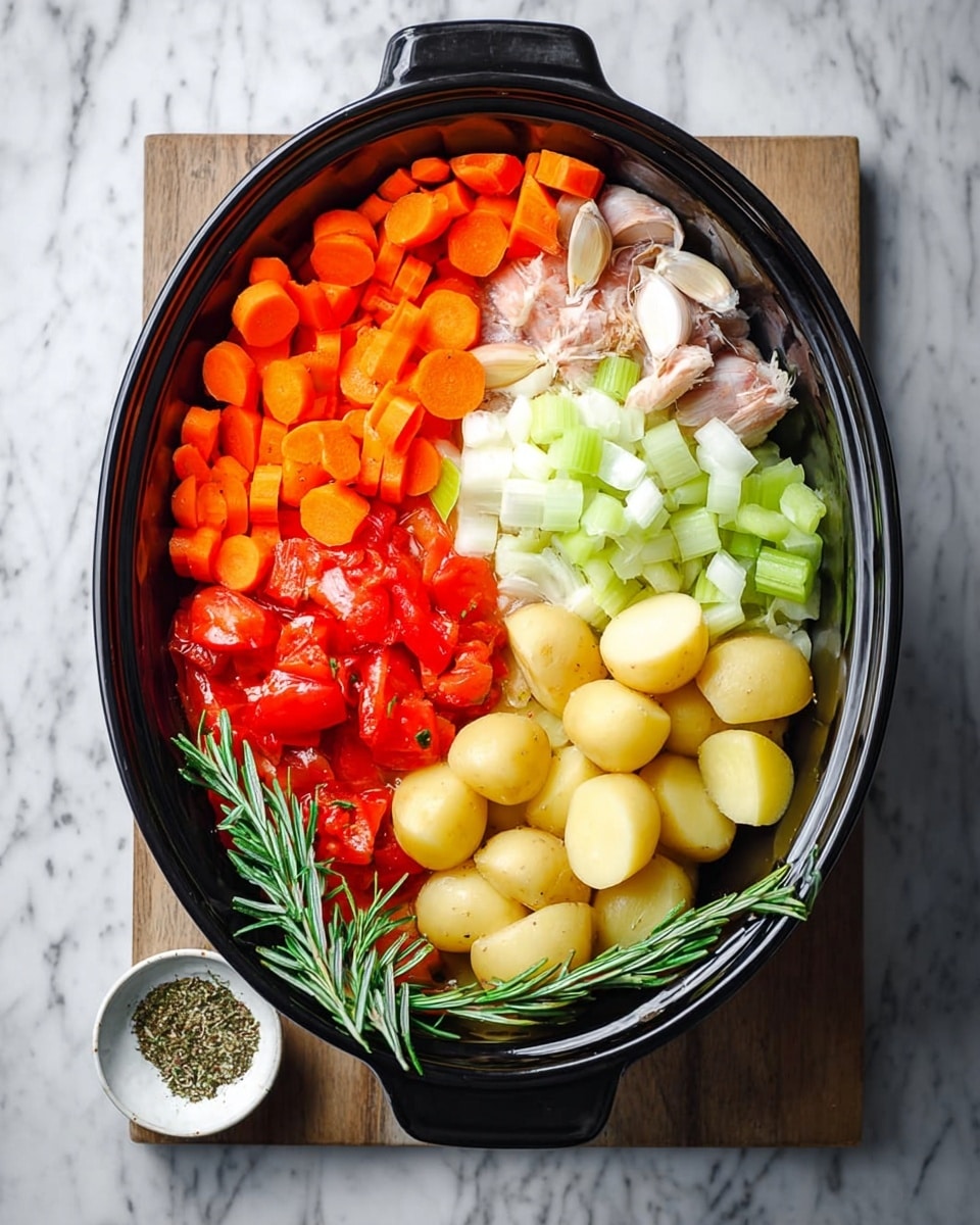 This image shows a wooden board on a white marbled surface with several groups of chopped vegetables arranged neatly. Starting from the top left, there are bright orange carrot slices, some longer slices slightly curved, and a couple of garlic cloves near the top right. Below the carrots, there are light green celery pieces, followed by white onion chunks to the bottom left of the celery. To the right of the onion, there are vibrant red tomato pieces. Below the tomatoes, small yellow potatoes are halved and grouped together, and a fresh green sprig of rosemary lies to the right of the potatoes. A small white bowl with dried herbs is placed at the bottom left corner of the board. The scene is well-lit with clear textures of each vegetable visible, photo taken with an iphone --ar 4:5 --v 7
