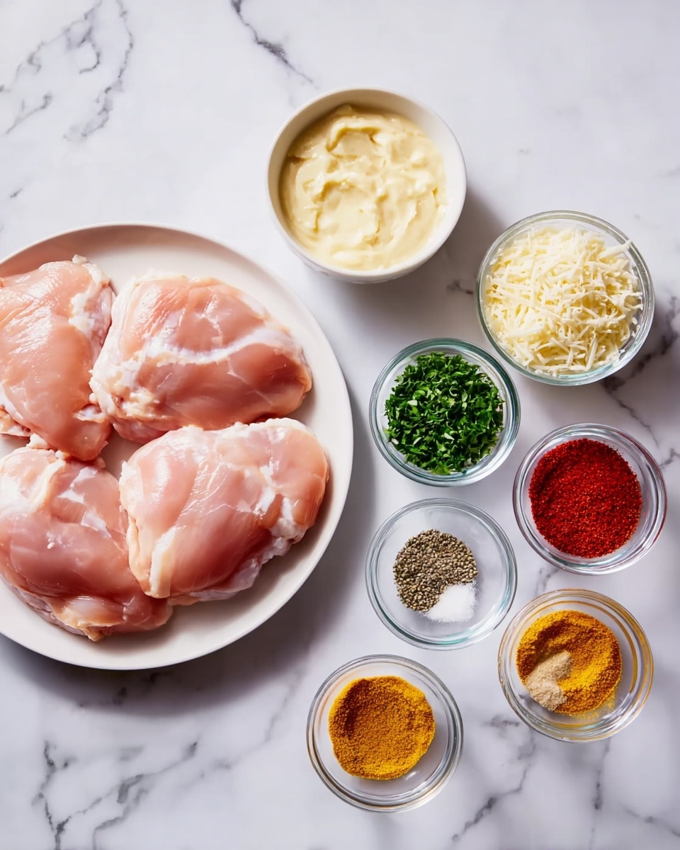 The image shows three raw chicken pieces layered closely together on a white plate. To the right of the plate, eight small glass bowls are arranged on a white marbled surface. The bowls contain different ingredients: a pale yellow creamy substance in a white bowl, a pale grated cheese with a slightly rough texture, finely chopped green herbs, black pepper, salt, and three types of powders varying in shades of yellow and orange. A woman's hand holds one of the small bowls containing a bright red powder. photo taken with an iphone --ar 4:5 --v 7