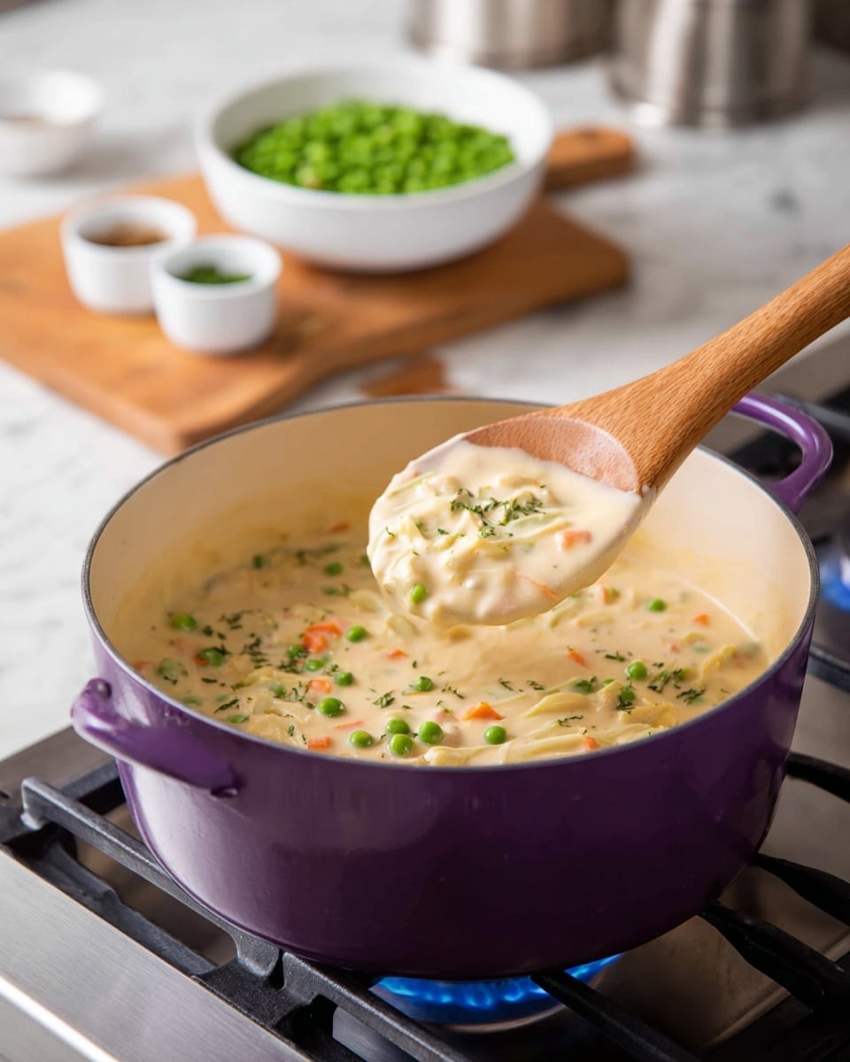 A purple pot with a light cream inside is shown on a gas stove with blue flames. Inside the pot is a creamy mixture of light beige sauce, green peas, and small pieces of orange carrots. A wooden spoon with a long handle is lifting the thick sauce and vegetables from the pot, showing a wet texture with soft chunks and small, bright vegetable pieces spread evenly. In the background on a wooden board, a white bowl with green peas and small white dishes with herbs and spices are slightly blurred, all sitting on a white marbled surface. photo taken with an iphone --ar 4:5 --v 7