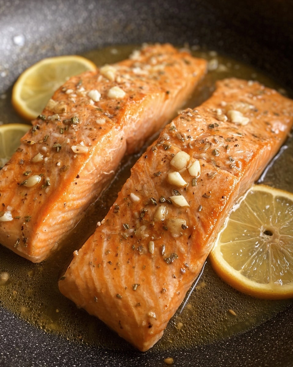 Two cooked salmon fillets with a light orange color and a slightly shiny surface lie side by side in a pan. Small white pieces of garlic and black pepper are spread over the top of the fillets. Underneath and partially around the salmon are thin yellow lemon slices. The pan has a dark textured surface, and there is a bit of light sauce pooling around the fish. The photo is taken close up, showing details of the salmon texture and seasoning. Photo taken with an iphone --ar 4:5 --v 7