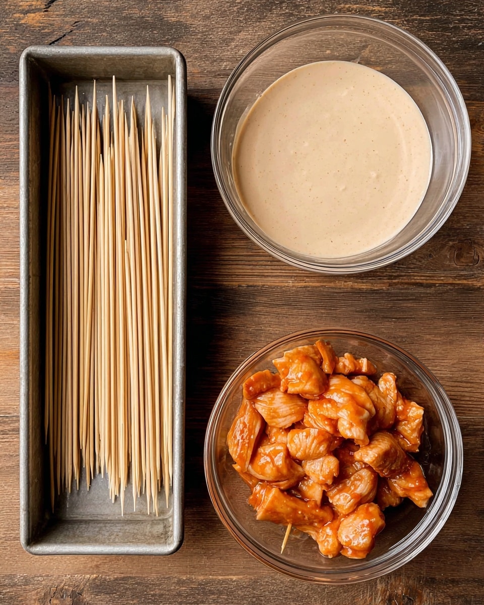 The image shows three main parts arranged on a wooden surface. On the left, thin light-colored bamboo skewers line up neatly in a metal tray. To the right, two clear glass bowls sit side by side; the top bowl contains a light beige creamy sauce with a smooth texture, while the bottom bowl is filled with small, orange-red marinated raw chicken pieces with a shiny coating from the spices. photo taken with an iphone --ar 4:5 --v 7