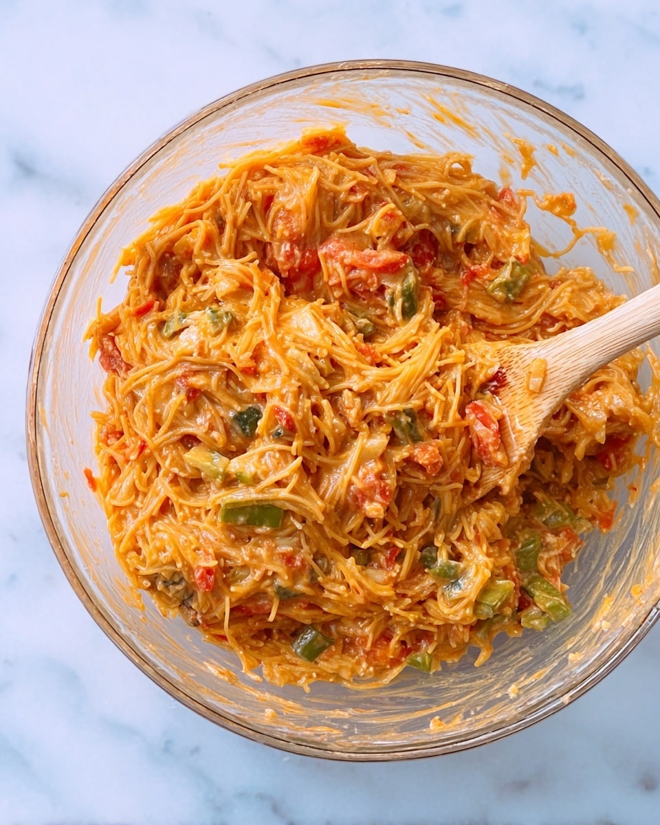 A clear glass bowl filled with a mixed dish consisting of three main layers: the base is made of thin orange noodles coated in a light sauce, mixed throughout with chunks of green vegetables and small pieces of light brown meat, all blended with bits of soft red tomato. The texture looks saucy and soft, evenly spread inside the bowl. A wooden spoon with a light brown handle rests inside the bowl on the right side, partially covered with the orange sauce. The bowl is placed on a white marbled surface, giving a clean and bright background. photo taken with an iphone --ar 4:5 --v 7