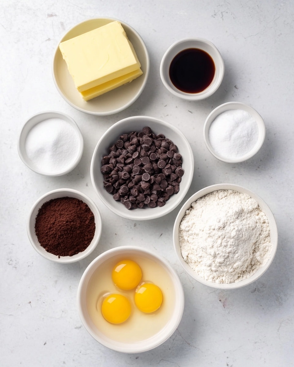 The image shows seven white bowls arranged on a white marbled surface. In the center is a large bowl filled with small dark brown chocolate chips. To the bottom right is a bowl with three raw eggs, their yellow yolks visible in transparent egg whites. Below the center to the left is a small bowl containing dark brown cocoa powder. To the left of the center is a bowl with white granulated sugar. Above this is a bowl holding two thick yellow chunks of butter. Directly above the center bowl is a tiny bowl with a dark brown liquid, likely vanilla extract. To the top right is a very small bowl with a white powder, possibly salt. To the right side near the sugar is a bowl filled with white flour. The setup is neat and bright, photographed from above on the white marbled surface photo taken with an iphone --ar 4:5 --v 7