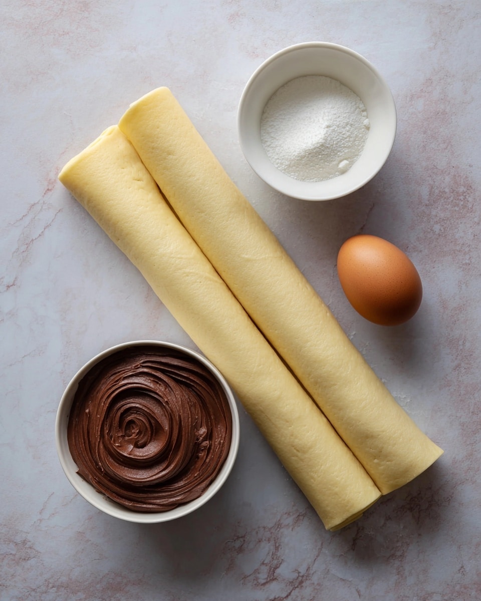 Two rolled sheets of pale yellow dough are placed diagonally on a white marbled surface, accompanied by three small white bowls arranged nearby; one bowl contains smooth, dark brown chocolate spread with a swirl pattern, another holds fine white granulated sugar, and the last holds a single brown egg inside. Photo taken with an iphone --ar 4:5 --v 7