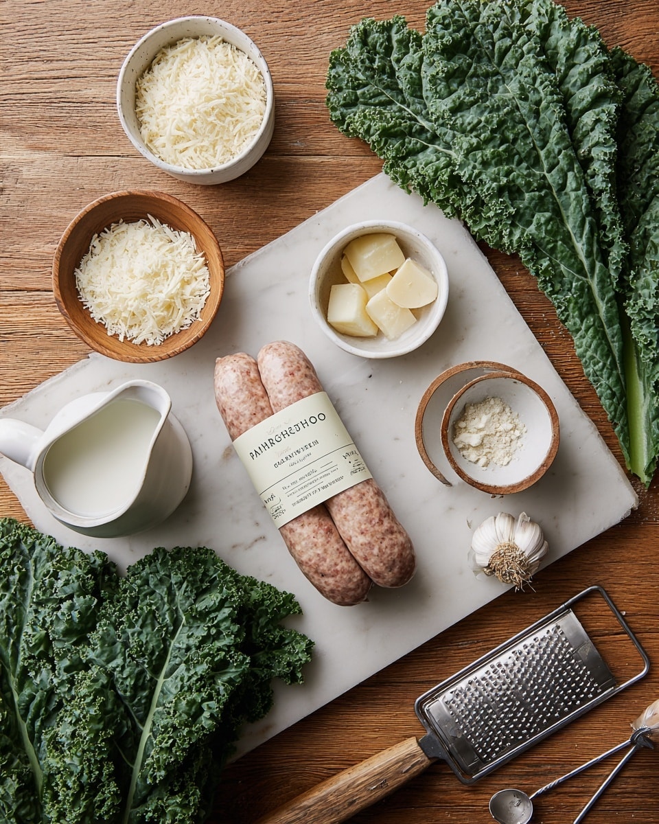 The image shows fresh cooking ingredients spread neatly on a wooden table with a white marbled texture. In the center, a coiled sausage wrapped with a simple label sits prominently. Around it are fresh green kale leaves with detailed texture, a small wooden bowl filled with grated cheese, a tiny white bowl holding minced garlic, a peeled garlic clove, and a set of metal measuring spoons near a white empty bowl. There is also a small jug of white milk and a few drops of liquid scattered on the table, with a metal grater placed at the bottom right. The colors contrast well with natural greens, beige, white, and pinkish sausage tones, all presented in a clean and organized way, photo taken with an iphone --ar 4:5 --v 7