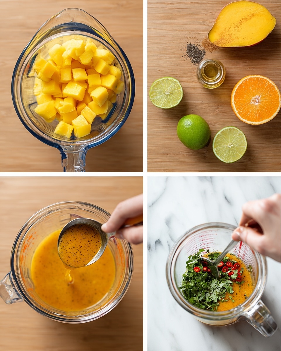 The first image shows a clear blender pitcher on a white marbled surface, filled with diced yellow mango pieces on the left, an orange half on the top right, two lime halves at the bottom left, two garlic cloves near the top right, some brown sugar inside one lime half, and a small glass bottle of honey in the center. The second image has a woman's hand holding a spoon inside a clear jar with smooth orange sauce, while another woman's hand pours golden oil from a clear measuring cup into the jar, all on a white marbled surface. The last image features a woman's hand stirring a clear jar of the same orange sauce, now topped with bright green chopped cilantro, small finely chopped red chili pieces, and a pile of cracked black pepper on the right side of the sauce, on a white marbled surface photo taken with an iphone --ar 4:5 --v 7