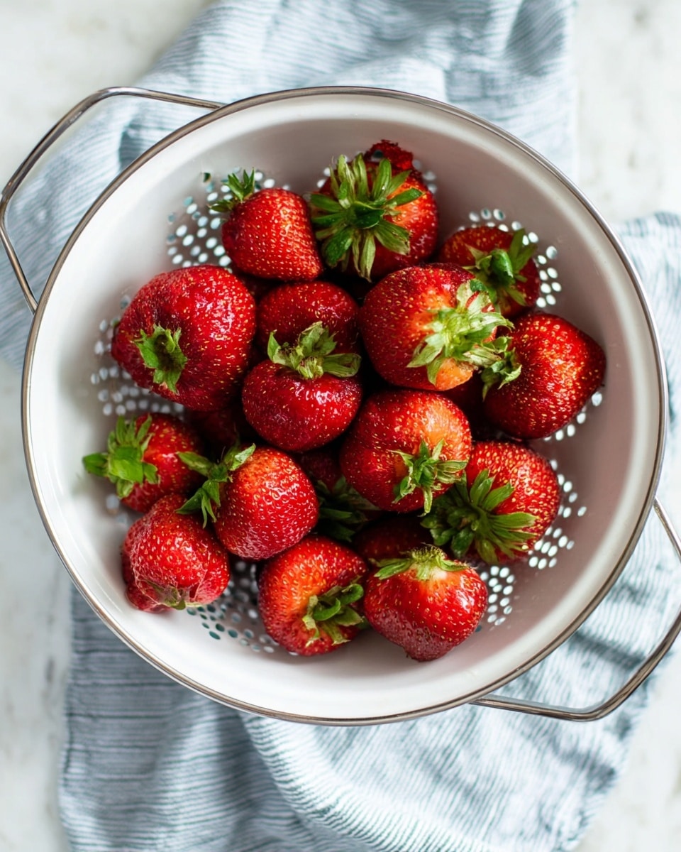 A white colander filled with a single layer of bright red strawberries with green leaves still attached, showing a mix of shiny and textured surfaces. The colander has two silver handles, and it rests on a soft blue and white striped cloth, all put on a white marbled texture surface. The strawberries look fresh and plump, filling the colander evenly. Photo taken with an iphone --ar 4:5 --v 7