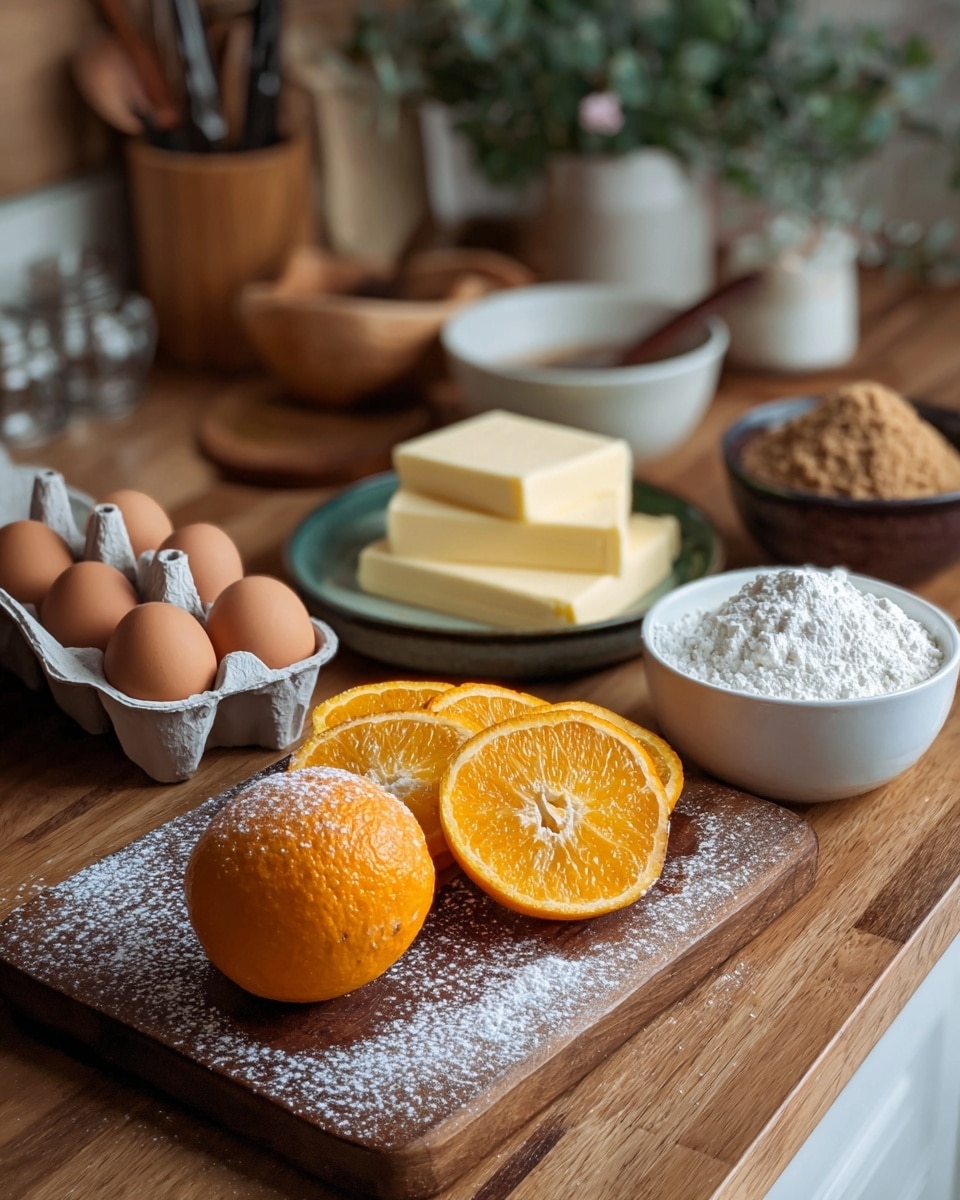 A wooden cutting board with powdered sugar dusted on it holds one whole orange and four orange slices arranged closely, showing bright orange color and juicy texture. Behind it, there is a carton with brown eggs on the left side, a small white bowl filled with powdered sugar in front center, and a white bowl filled with flour on the right. Further back on the wooden surface are rectangular slices of yellow butter stacked in a white bowl, and a dark bowl filled with brown sugar. The background shows a wooden surface with a blurred green plant and kitchen items. The whole scene is set on a white marbled textured surface. photo taken with an iphone --ar 4:5 --v 7
