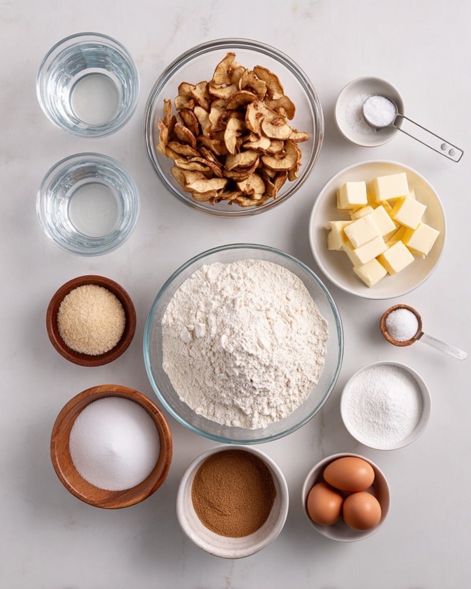 The image shows a top view of several clear glass and white bowls with ingredients arranged neatly on a white marbled surface. There is a large clear glass bowl filled with light brown dried apple slices at the center top, next to a smaller clear glass cup filled with water. A large clear glass bowl filled with white flour sits below the dried apples. To the right of the flour is a small white bowl holding several cubes of pale yellow butter. Around these are smaller white and wooden bowls with various ingredients: white sugar, two brown eggs in a wooden bowl, light brown brown sugar, a small white bowl with white baking powder, a small brown bowl with cinnamon powder, vanilla extract in a tiny brown cup, and a measuring spoon with white granulated sugar. Everything is arranged evenly and clearly. Photo taken with an iphone --ar 4:5 --v 7