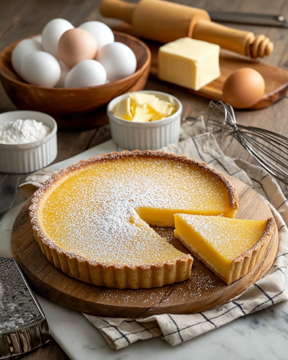 A single-layer round lemon tart with a golden yellow filling and a light brown crust, dusted evenly with powdered sugar on top, has one slice removed showing the smooth texture inside. The tart sits on a wooden board placed over a light-colored cloth on a white marbled surface. In the background, there is a wooden bowl filled with white eggs and one brown egg outside it, a white bowl with a yellow powdery ingredient, and a piece of yellow butter on a wooden cutting board with a rolling pin and a checkered cloth nearby. Kitchen tools like a whisk and a metal sieve are also on the surface. Photo taken with an iphone --ar 4:5 --v 7