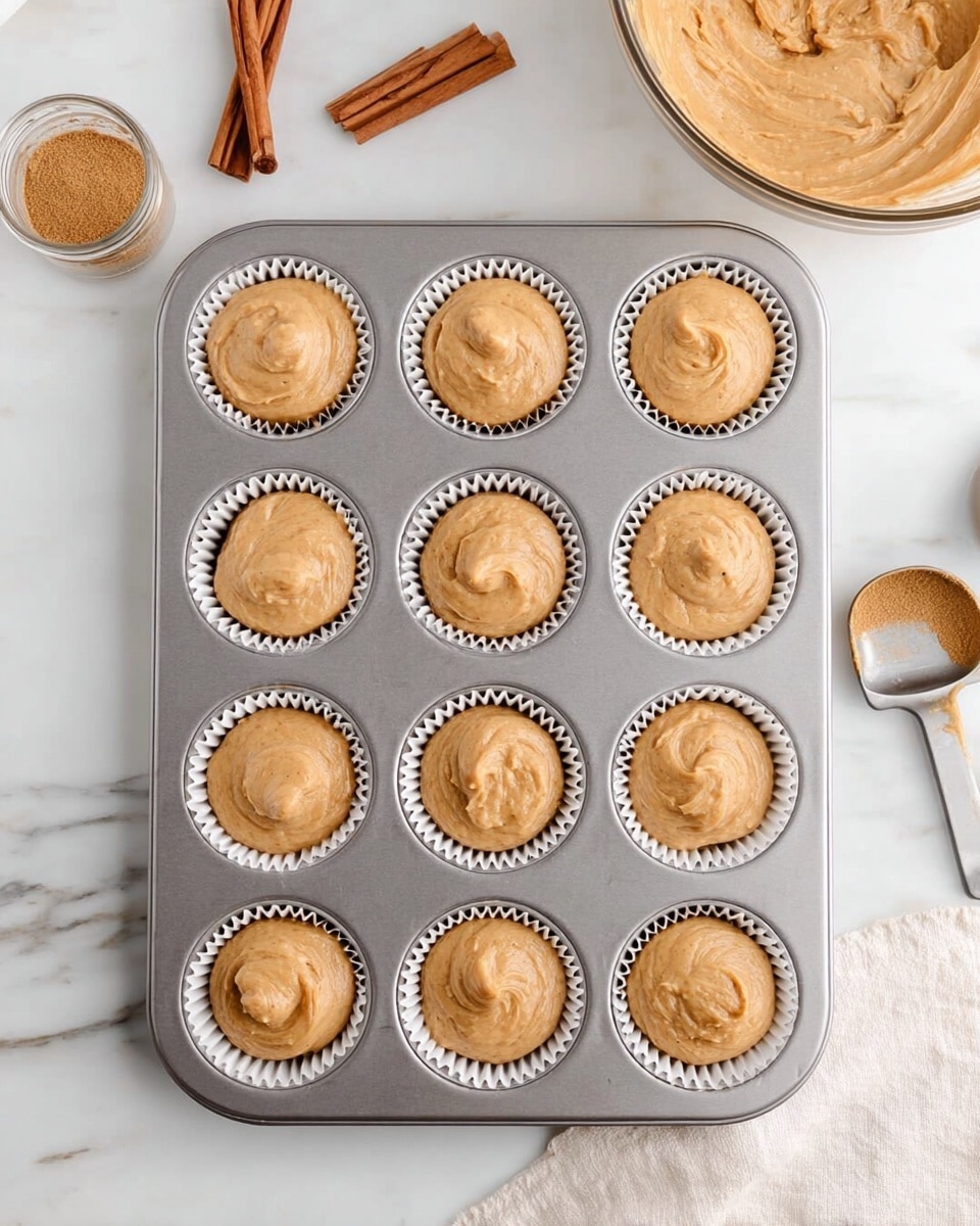 The image shows a silver muffin tray with twelve white paper liners filled about three-quarters full with light tan batter that has a smooth and thick texture. The tray is placed on a white marbled surface. In the top right corner, part of a clear glass bowl filled with the same batter is visible. To the left, there is a small glass jar with a light brown powder, and two cinnamon sticks lie nearby. A metal scoop with some batter is positioned on the lower right edge of the frame, and a white cloth is partially visible on the lower left. The scene looks clean and organized. photo taken with an iphone --ar 4:5 --v 7