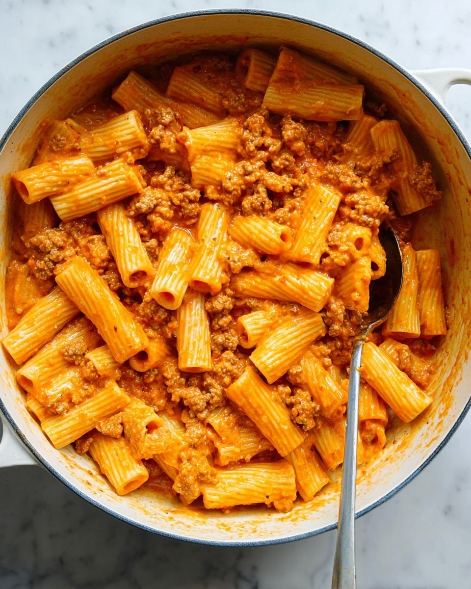 The image shows a large white pot filled with rigatoni pasta covered in a creamy orange-red sauce with bits of cooked ground meat mixed throughout. The rigatoni pieces are tube-shaped, thick, and have ridges, layered evenly with the sauce clinging to them. The ground meat pieces are small, browned, and spread all around the pasta. There is a metal spoon partly submerged in the pasta at the bottom right area of the pot. The pot sits on a white marbled surface. photo taken with an iphone --ar 4:5 --v 7