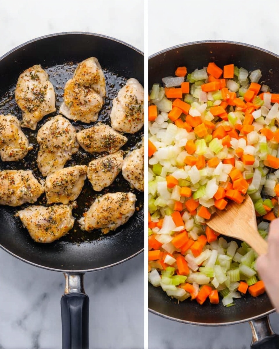 The first image shows a black pan with six cooked pieces of chicken, golden brown with black pepper sprinkled on top. The chicken is arranged closely but not overlapping, covering most of the pan's surface. The second image shows a black pan filled with diced vegetables in three layers: white onions, orange carrots, and light green celery. A woman's hand holds a wooden spatula stirring the vegetables. Both images have a white marbled surface underneath. photo taken with an iphone --ar 4:5 --v 7