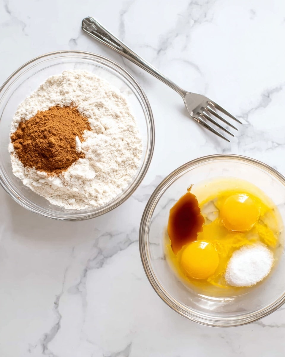 The image shows two clear glass bowls on a white marbled surface. The left bowl contains white flour with a small pile of brown powder, likely cinnamon, layered on top near the edge, with a fork placed diagonally above the bowl. The right bowl holds a mix of wet ingredients including two yellow egg yolks, white sugar, a small scoop of salt, and a drizzle of brown vanilla extract, arranged separately but close together inside the bowl. A fork is placed diagonally above this bowl as well. The scene is bright and clean. Photo taken with an iphone --ar 4:5 --v 7