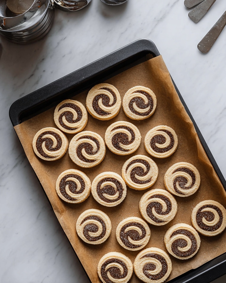 The image shows a black baking tray lined with parchment paper holding 20 round cookies with a smooth texture, neatly arranged in four rows of five. Each cookie has a pattern of concentric circles in two colors, light beige and dark brown, creating a striped bullseye effect. The tray is placed on a white marble surface with subtle gray veining, and there is a shiny metal container and utensils partially visible on the upper left side. The overall scene is clean and minimalistic. photo taken with an iphone --ar 4:5 --v 7