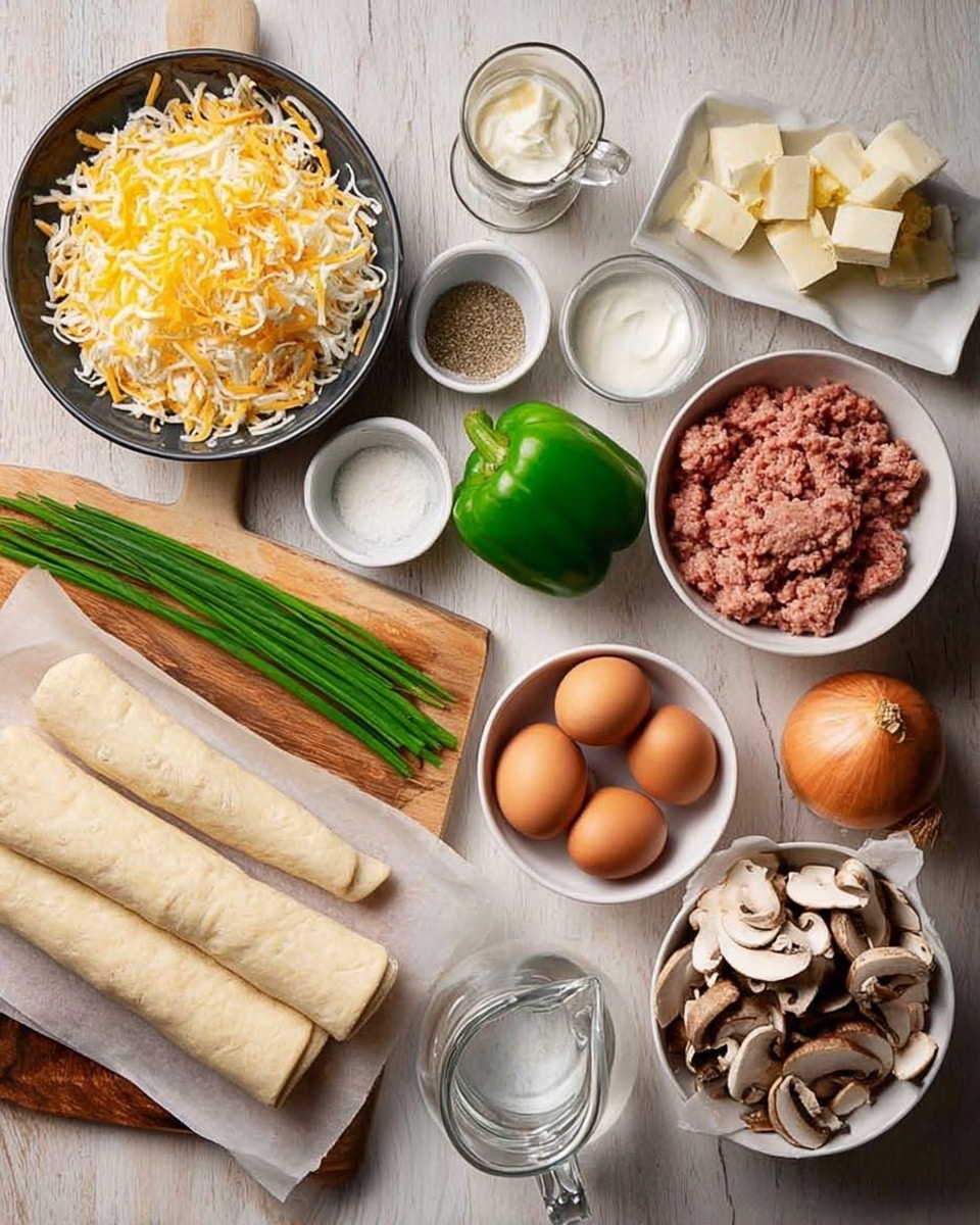 The image shows various ingredients neatly arranged on a white marbled surface. There is a black bowl filled with shredded yellow and white cheese on the left side. Next to it are small white bowls with salt and pepper, cream, and butter cubes. A glass jug with water and two rolled dough pieces rest on parchment paper near the bottom left. In the middle, there is a wooden board with fresh green chives, a whole onion, and a green bell pepper cut in half. On the right side, a white bowl contains several brown eggs, minced meat is placed on parchment paper next to it, and sliced mushrooms are in a white bowl with a pouring spout. The whole setup is well-organized and bright. Photo taken with an iphone --ar 4:5 --v 7