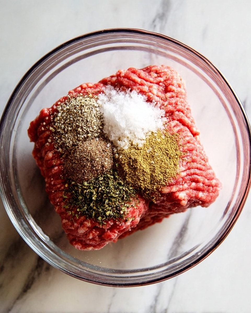 A clear glass bowl holds two blocks of raw red ground meat. On top of one block, there are four distinct piles of dry seasonings arranged in a cluster, including white salt, black pepper, brown garlic powder, and green dried herbs. The bowl sits on a white marbled surface. photo taken with an iphone --ar 4:5 --v 7