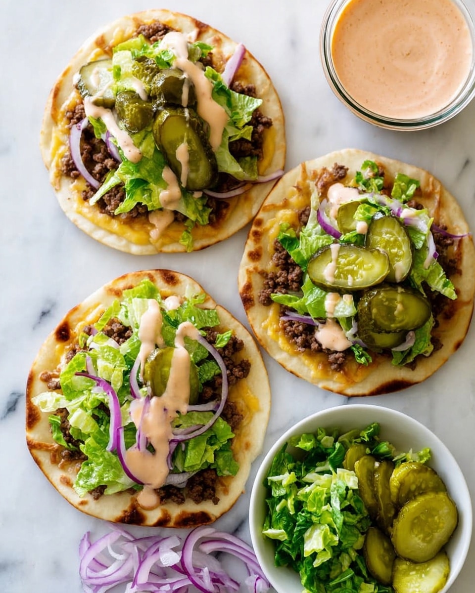 Three small white flatbreads each have a layer of browned ground beef, topped with pale yellow melted cheese. On top of the cheese are pieces of green lettuce, thin slices of purple onion, and green pickle slices with ridged edges. A pink creamy sauce is drizzled over each flatbread. Next to the flatbreads is a small white bowl filled with chopped green lettuce, some pickle halves, and thin purple onion slices scattered on a white marbled surface. A clear glass bowl with more pink sauce is partly visible at the top right corner. photo taken with an iphone --ar 4:5 --v 7