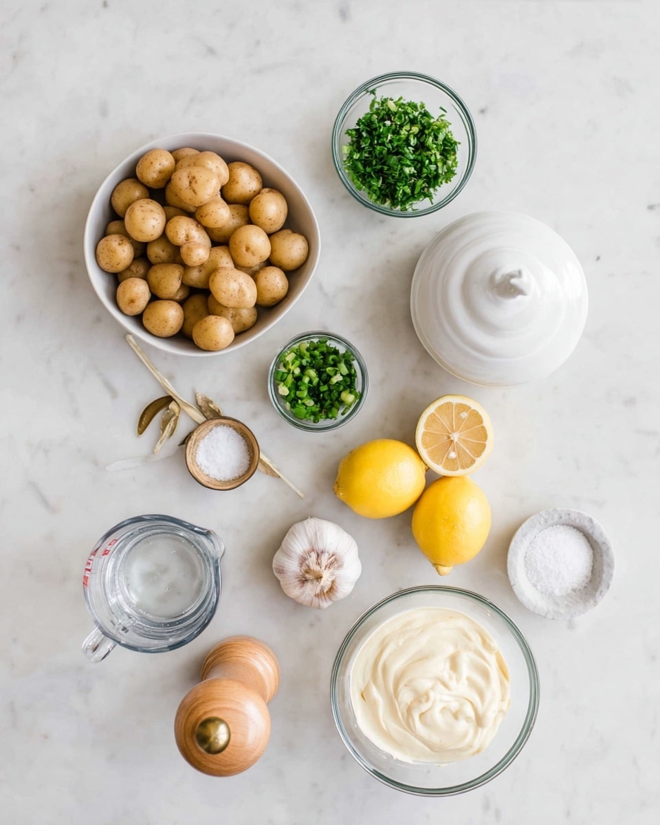 The image shows a white bowl filled with small round light brown potatoes in the top left, next to a small glass bowl with chopped green herbs. Below and to the right is a small white bowl with chopped green onions and herbs. In the center, there is a covered white ceramic container holding a whole garlic bulb. Below it, to the right, are two lemon halves with bright yellow skin and a small white bowl with white salt. At the bottom right corner is a white bowl filled with creamy white mayonnaise. To the bottom left, a clear glass measuring cup holds a small amount of water. There is also a wooden pepper grinder and a white container with a small golden spoon. All items are placed on a white marbled surface photo taken with an iphone --ar 4:5 --v 7