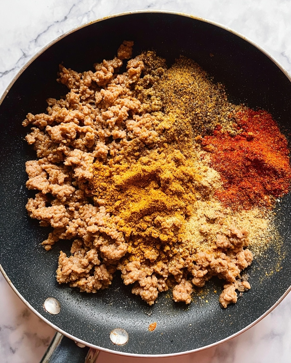 The image shows a close-up view of a black frying pan filled with cooked ground meat that has a light brown color. Over the meat, there is a layer of different spices in powdered form, exhibiting varied shades of brown, yellow, and red, spread mostly in the center and right side of the pan. The texture of the meat appears crumbly and soft, while the spices add a dry, grainy layer on top. The pan rests on a white marbled surface with subtle gray veins visible. Photo taken with an iphone --ar 4:5 --v 7