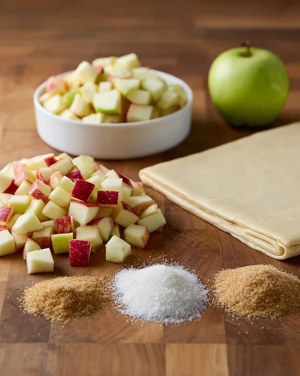 The image shows a wooden surface with ingredients for a dessert, featuring a large stack of small apple cubes with red skin, a neatly folded rectangular sheet of light beige dough placed towards the back right, and a green apple in the background next to a white bowl filled with more apple cubes. In front of the apple cubes and dough are two small piles of brown sugar and a smaller pile of white granulated sugar placed side by side. The overall setup is calm and organized, ready for cooking. Photo taken with an iphone --ar 4:5 --v 7