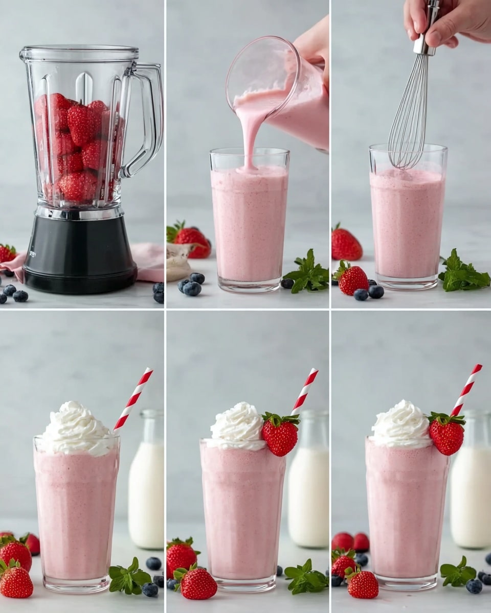 The image shows a step-by-step process of making a pink strawberry smoothie in six frames arranged in two rows of three. The first frame shows strawberries and a pink creamy mixture inside a blender with a clear container and black base over a white marbled surface. In the second frame, a woman's hand holds a clear glass as the pink smoothie is poured into it from the blender jug, showing the smooth texture of the drink. The third frame shows an electric whisk adding white whipped cream on top of the smoothie inside the glass, placed on the white marbled surface with a couple of whole strawberries and a milk bottle in the background. The last three frames show the finished smoothie in the same clear glass filled to the top with a pink smoothie base, a swirl of white whipped cream on top, and a red-striped paper straw; one glass is decorated with a whole strawberry on the rim with green leaves, and the background features fresh strawberries, blueberries, and mint leaves scattered on the white marbled surface. Photo taken with an iphone --ar 4:5 --v 7
