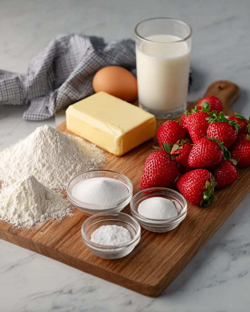 A wooden board sits on a white marbled surface, holding ingredients neatly arranged. On the left, there is a tall pile of white flour with some spilled around it, and in front of it a smaller heap of white powdered sugar. Behind the flour is a small clear glass bowl full of white granulated sugar, next to a similar bowl with white baking powder. In front, several fresh strawberries are placed in two rows; one row of whole strawberries with green leaves, and another row of halved strawberries showing their red interiors and seeds. To the right, there is a stick of yellow butter labeled