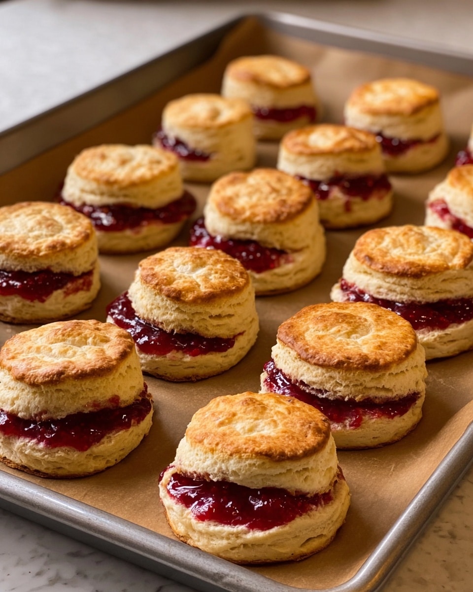 A baking tray lined with parchment paper holds fifteen round biscuits sandwiching a bright red jam filling. Each biscuit is golden brown with a smooth, slightly shiny top layer and a lighter, soft-textured bottom layer. The red jam peeks out thickly in between the two biscuit layers, some slightly oozing onto the parchment. The background shows a white marbled countertop with wooden kitchen cabinets blurred in the back. photo taken with an iphone --ar 4:5 --v 7