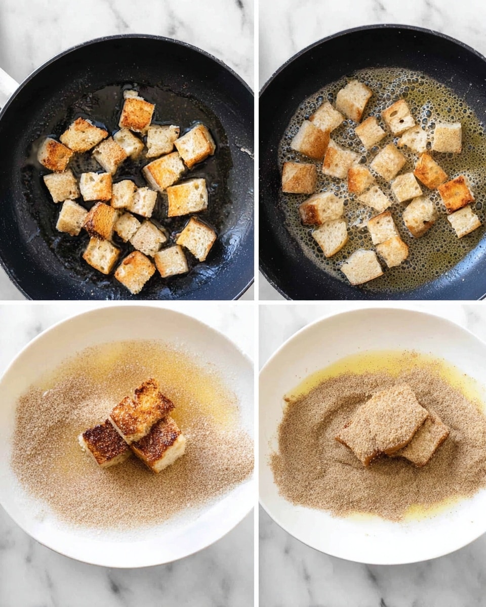 The image shows three side-by-side photos documenting a cooking process. The first photo has a black pan with small, pale pieces of bread inside, sitting on melted butter. The second photo shows the bread pieces now golden brown and crisp on all sides in the same pan with bubbling butter around them. The third photo has a white plate with cinnamon sugar spread across it, and a single browned bread piece resting on top, partially coated with the cinnamon sugar. The background is a white marbled texture photo taken with an iphone --ar 4:5 --v 7