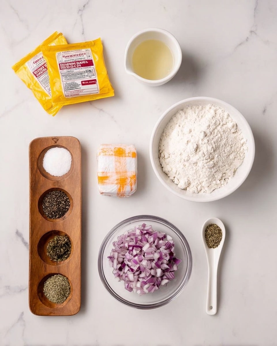 The image shows ingredients arranged neatly on a white marbled surface. At the top left, there are two yellow yeast packets with red and black text. To their right, a small white bowl is empty. Below, a small white ceramic cup holds a light yellow liquid. Next to it, a small wrapped block of butter with orange and white stripes sits. To the right, a large white bowl is filled with fine white flour. Below that, a clear glass bowl holds finely chopped purple onions with white bits. Between the flour and onions, a white ceramic spoon rests, filled with green dried herbs. At the bottom left, a wooden tray with six sections holds different seasonings: black pepper, coarse white salt, sugar, dried herbs, ground black pepper, and fine white salt. The items are arranged in a clean, organized way. photo taken with an iphone --ar 4:5 --v 7
