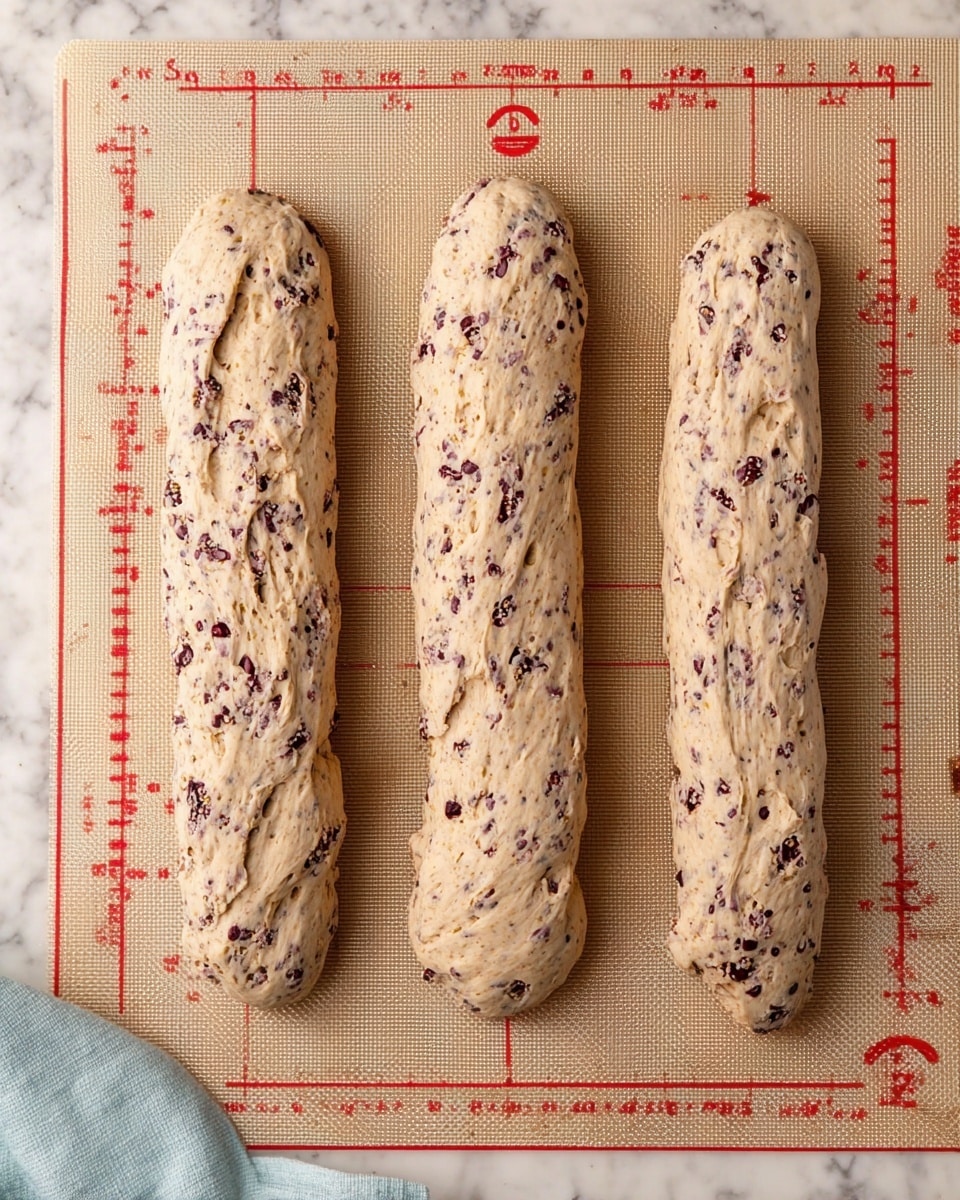 The image shows three long, rough-textured dough logs placed side by side on a beige silicone baking mat with red measurement markings and grid lines. The dough is light brown with small, dark purple pieces evenly mixed throughout, giving it a speckled look. Each log has a slightly uneven surface and is similar in size, with rounded ends and gentle twists. The background is a white marbled texture with a light blue cloth partially visible in the bottom left corner. photo taken with an iphone --ar 4:5 --v 7