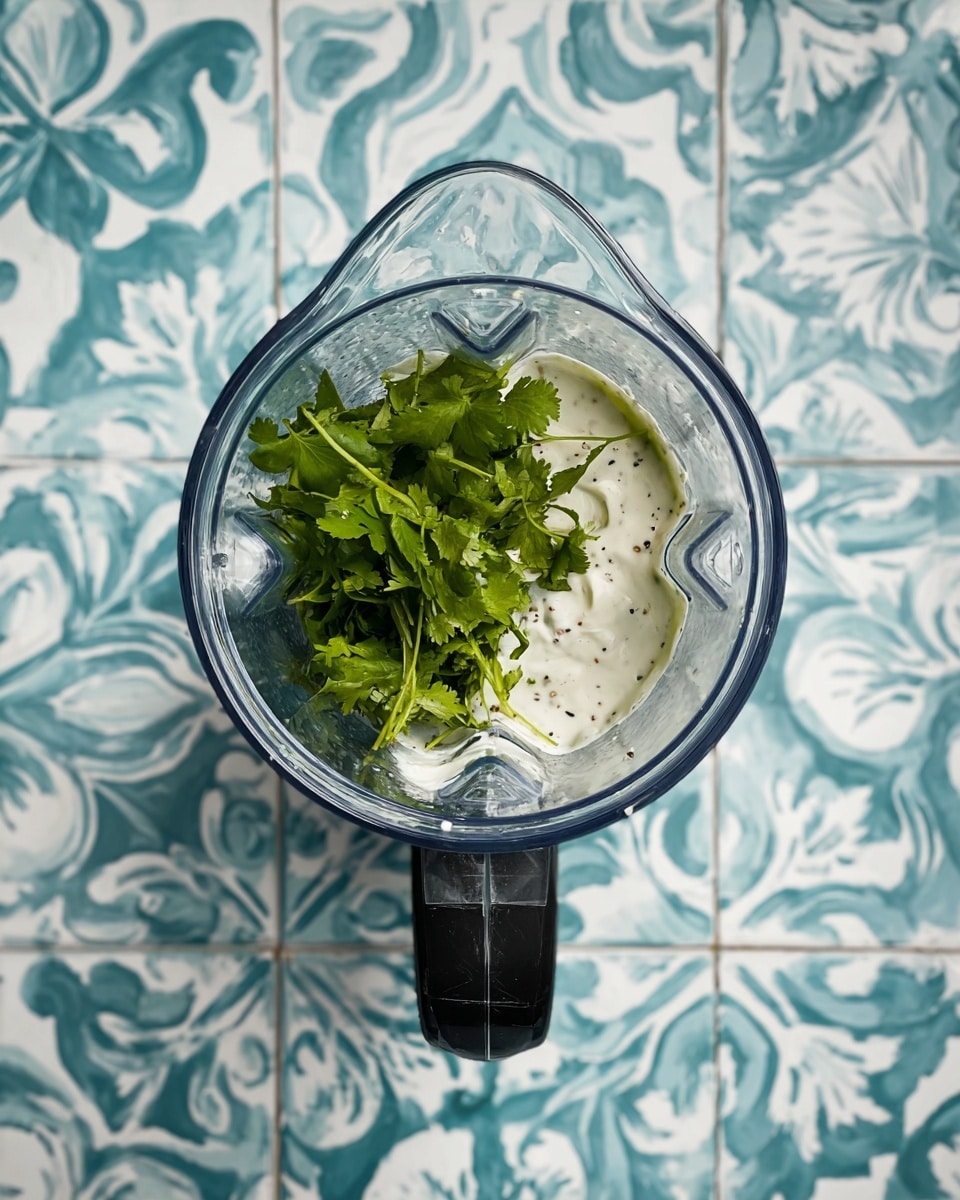 A clear blender container is seen from above, with three visible layers inside: the bottom layer is a small amount of white creamy sauce with a few black specks, the middle layer consists of bright green fresh cilantro leaves with stems, and the top layer shows another small drizzle of the white creamy sauce. The blender has a black handle extending downward in the frame, and the surface is decorated with blue and white floral patterned tiles. photo taken with an iphone --ar 4:5 --v 7