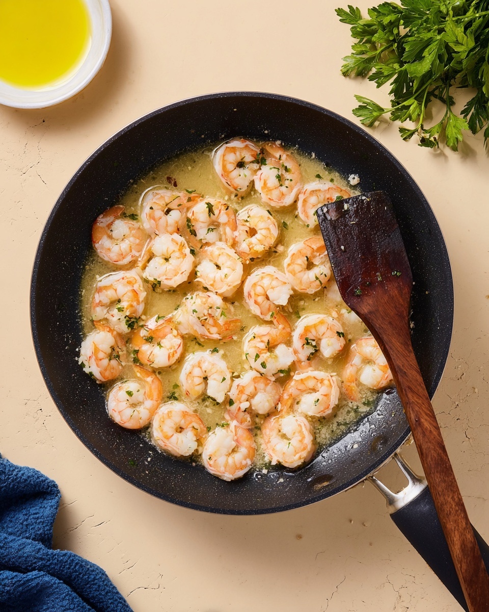 The image shows a black pan filled with cooked shrimp in a light sauce. The shrimp are light pink and white with a slightly translucent look, scattered evenly across the pan's surface in a single layer. The sauce is pale yellow and slightly oily, pooling at the bottom and coating the shrimp. A wooden spatula with a dark brown end rests inside the pan on the right side. The pan sits on a beige surface with drops of oil near a white bowl of oil in the upper left corner, and fresh parsley sprigs are placed at the top right. A blue cloth is partially visible under the pan's handle at the bottom left. Photo taken with an iphone --ar 4:5 --v 7