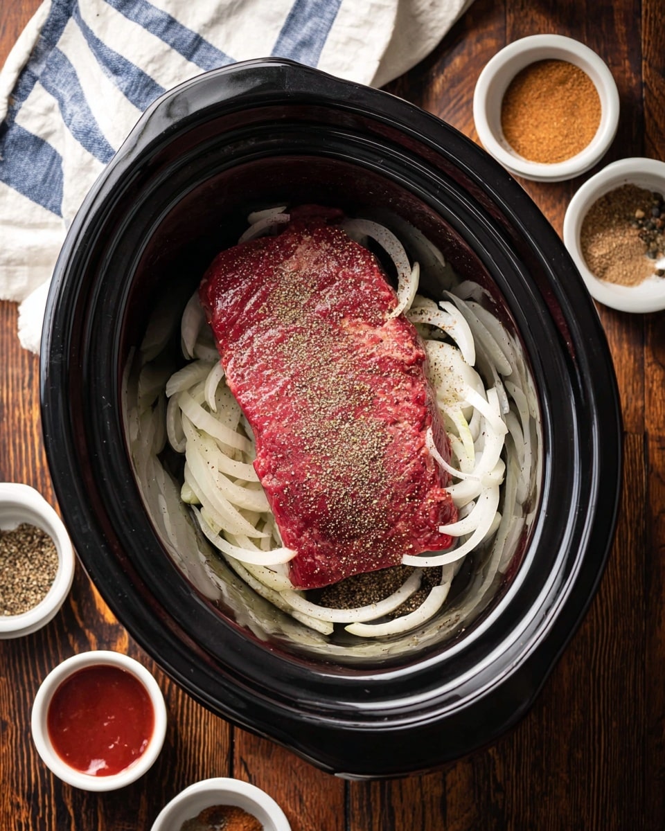 A black slow cooker filled with a thick layer of sliced white onions at the bottom, topped with a large piece of raw red meat seasoned with coarse salt and ground black pepper, resting slightly off-center. The slow cooker sits on a wooden surface with a white and blue striped cloth on the top left corner and small white bowls with red sauce, dark liquid, and light brown spices arranged around it. Photo taken with an iphone --ar 4:5 --v 7