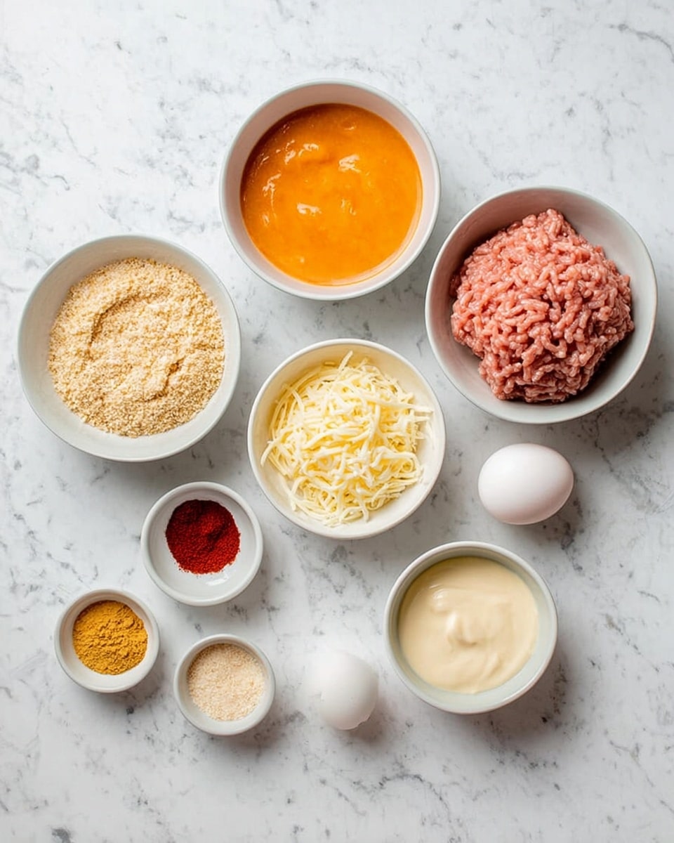 The image shows eight white bowls and one egg arranged on a white marbled surface. The largest bowl on the top right holds a light pink ground meat with a soft texture. Next to it on the left, a medium white bowl contains a smooth bright orange sauce. Below these, a bowl with shredded white and yellow cheese sits in the center. To the left of the cheese, a bowl filled with light golden brown breadcrumbs is visible. There are three small white bowls placed in front; one with a red powder, another with a yellow powder, and the third with a pale beige powder. A small bowl with a creamy white sauce is on the far right side. A single plain white egg lies between the bowls on the left side. The arrangement is neat and evenly spaced. Photo taken with an iphone --ar 4:5 --v 7