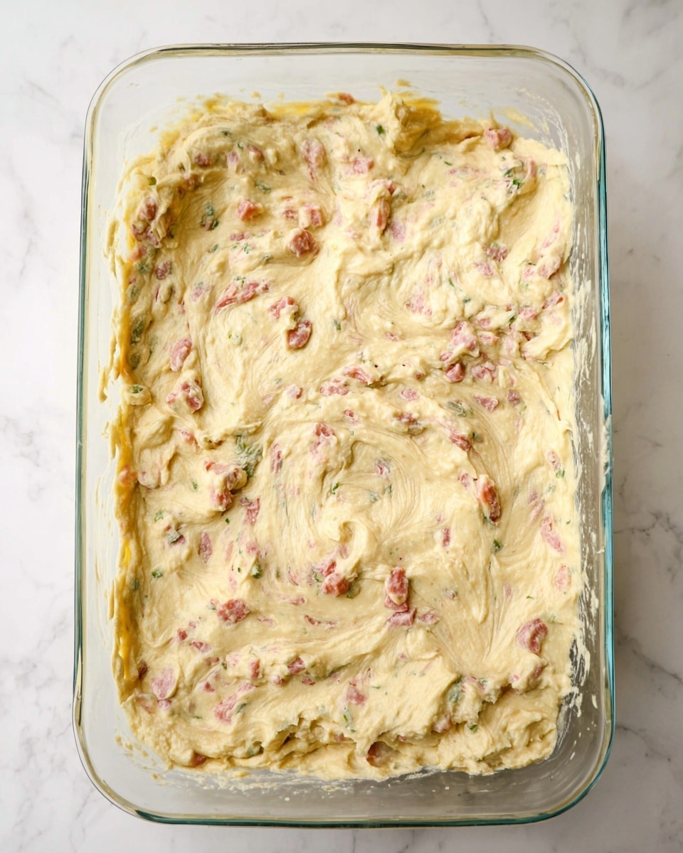 This image shows a clear glass rectangular baking dish filled with a thick, creamy mixture that covers the entire base of the dish. The mixture is pale yellow with small pieces of pink and green ingredients evenly spread throughout. The texture looks soft and slightly rough with visible swirls on the surface, showing it has been spread by a utensil. The dish is placed on a white marbled surface. photo taken with an iphone --ar 4:5 --v 7