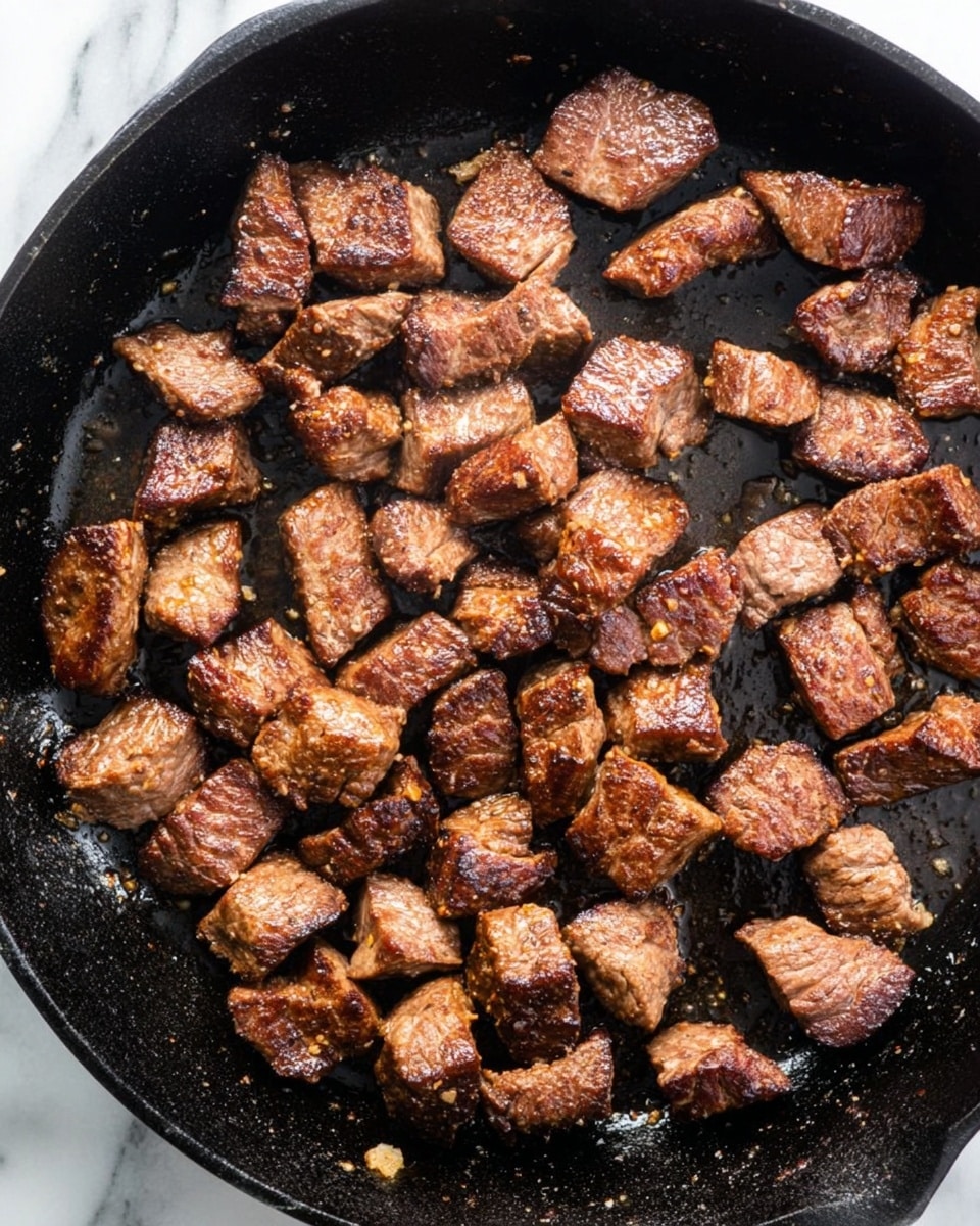 A close-up view of many small, browned pieces of cooked meat spread evenly across the surface of a black cast iron pan. The meat pieces vary in size and shape, with a slightly crispy, seared texture on the outside and a rich dark brown color with lighter brown edges. The pan shows some oil residues and light cooking marks, resting on a white marbled surface. photo taken with an iphone --ar 4:5 --v 7
