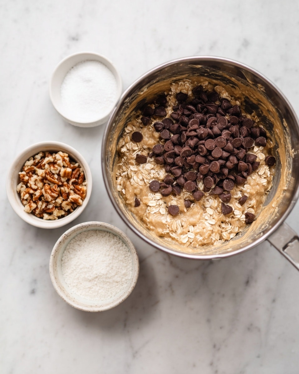 A metal mixing bowl contains a thick batter with visible oats folded inside. On top of the batter, there is a pile of semi-sweet chocolate chips. Next to the bowl, there are two small white bowls; one with chopped nuts and the other with white sugar. All items are placed on a white marbled surface. photo taken with an iphone --ar 4:5 --v 7