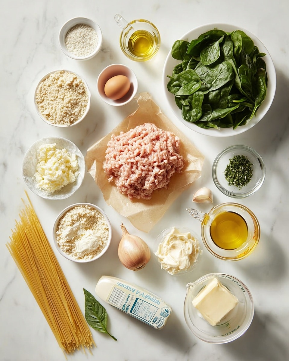 A white marbled surface holds many cooking ingredients neatly arranged, each in its own small white bowl or clear glass container. At the center is a pile of raw, light pink ground meat on brown paper. To the top right, a white bowl holds fresh bright green spinach leaves. Around the main ingredients are small piles and bowls of grated cheese, bread crumbs, chopped green herbs, chunks of pale yellow cheese, a whole garlic bulb with cloves, an uncracked egg, and a small block of butter in a white dish. There is also a light brown liquid in a clear glass measuring cup, a bundle of dry pasta in white and blue packaging, a small bottle of golden olive oil, and a small clear glass of pale yellow liquid. A single shallot with its skin is placed near the middle. The setup is clean and bright, with everything spaced out on the white marbled surface. Photo taken with an iphone --ar 4:5 --v 7