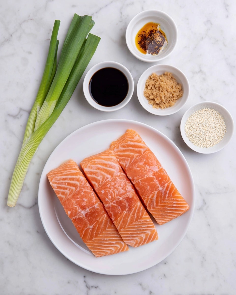 Four raw salmon fillets with light pink and white striped texture are placed on a white round plate at the bottom center. To the left of the plate, there are two green spring onions with a smooth texture, and above the plate, four small white bowls contain different ingredients: one with dark soy sauce topped with white sesame seeds, one with light brown sugar crystals, one with a clear liquid, and one with white sesame seeds. The whole setup is on a white marbled surface. photo taken with an iphone --ar 4:5 --v 7