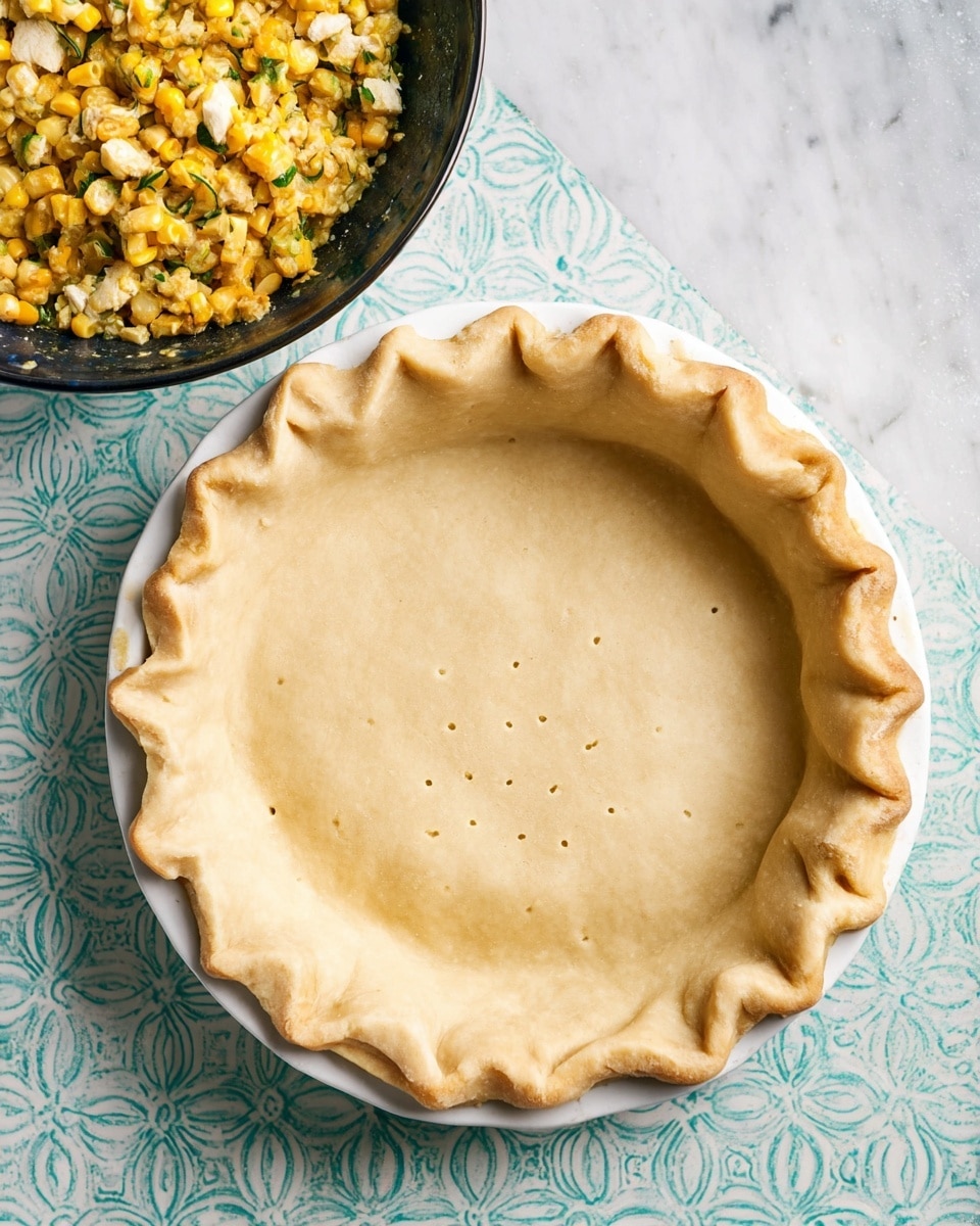 A white pie dish holds an unbaked pie crust with a light golden color, crimped and folded unevenly along the edges, showing a smooth inner dough layer with small fork holes near the center. Next to the pie, there is a black bowl filled with a chunky mixture of yellow corn kernels, white bits, and green herbs, with a texture that looks soft and slightly crumbly. The background is a white marbled texture with a light blue decorative pattern. Photo taken with an iphone --ar 4:5 --v 7