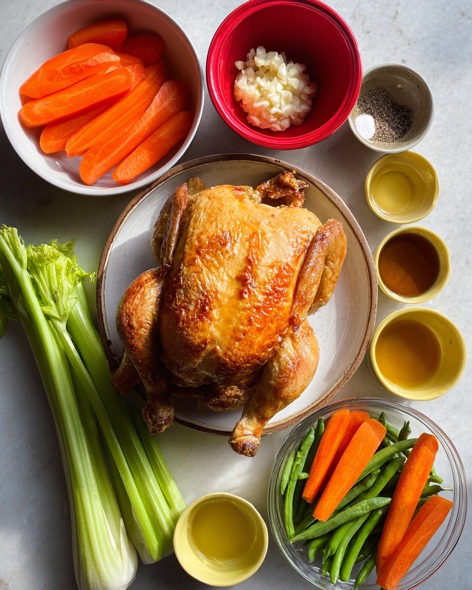 The image shows a golden-brown roasted chicken placed in the center on a white plate with a slightly raised edge. Above the plate, there is a long stalk of fresh green celery stretching from the bottom left to the top right. To the top left of the chicken, a white bowl holds thick slices of bright orange carrots. Next to it, a small red bowl contains minced garlic. On the right side, a clear glass bowl is filled with fresh green beans and topped with two long orange carrots. Surrounding the main plate and bowls are small yellow round bowls holding olive oil, butter, black pepper, salt, and a brown sauce. All dishes and ingredients rest on a white marbled surface. photo taken with an iphone --ar 4:5 --v 7