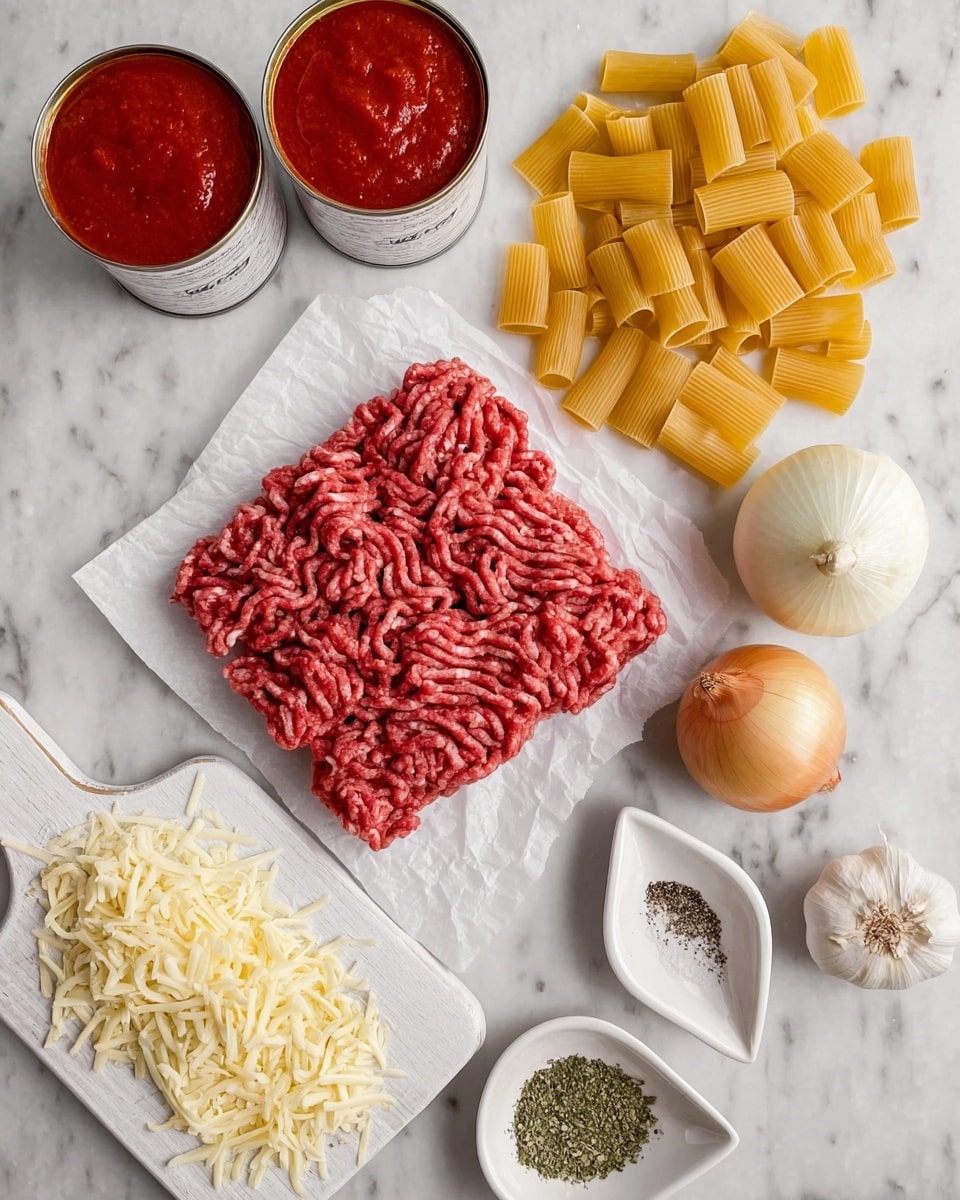 The image shows raw ingredients for a pasta dish placed on a white marbled surface. At the center, there is a square-shaped pile of raw ground meat on white parchment paper with visible grooves creating a textured pattern. To the top right, there is a small pile of uncooked rigatoni pasta pieces, each tubular and ridged with a golden-yellow color. Two white cans filled with red tomato sauce with a smooth and thick texture stand at the top left. At the bottom left, shredded cheese in thin strips with a pale yellow color rests on a white wooden board. Near the center bottom, there's a small white bowl filled with finely ground greenish dried herbs, while nearby to the right a small leaf-shaped white dish holds salt and black pepper. To the far right of the center, a whole clove of garlic with white papery skin and a whole yellow onion with brown outer skin complete the setup. Photo taken with an iphone --ar 4:5 --v 7