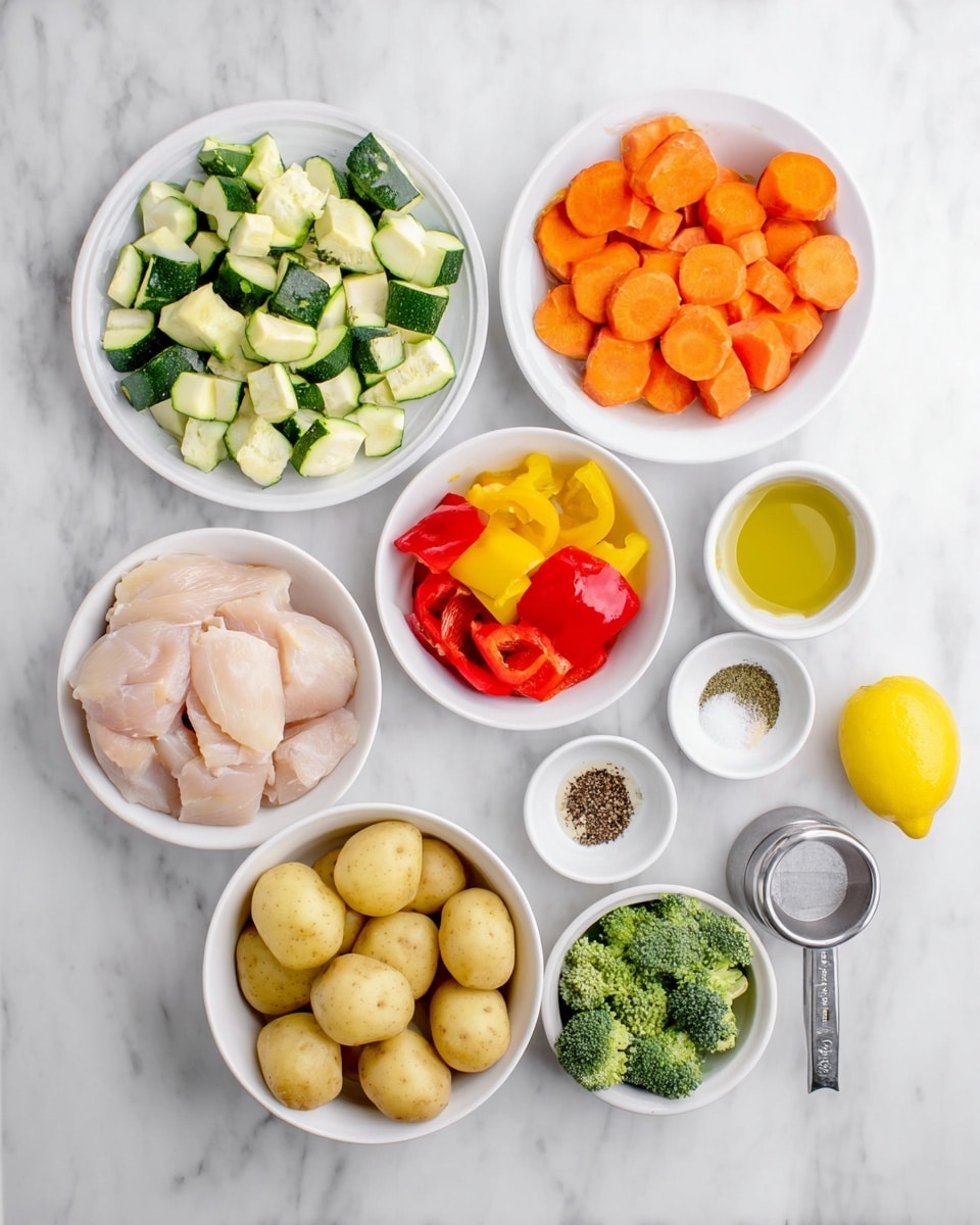 The image shows several white plates and bowls arranged on a white marbled surface, each holding different ingredients. One plate has chopped zucchini and broccoli florets with green and cream colors. Another bowl contains bright orange baby carrots. A separate plate holds chopped green and red bell peppers, adding vibrant red and green hues. A white bowl is filled with small round light yellow potatoes. There is a plate of raw, light pink chicken slices. Nearby, small white bowls contain spices with earthy beige, brown, and black colors, and a small silver container holds a liquid, while a whole yellow lemon adds a pop of bright color. The overall look is fresh, colorful, and neatly organized. photo taken with an iphone --ar 4:5 --v 7
