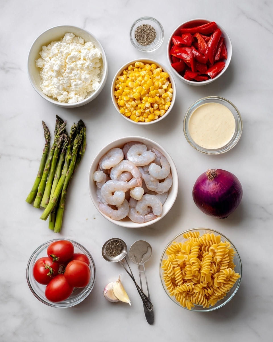 The image shows several cooking ingredients arranged on a white marbled surface. There are seven key groups: in a white bowl at the top left is white crumbly cheese, next to it on the top right is a white bowl with bright red roasted pepper pieces. In the center is a small white bowl filled with yellow corn kernels, to its right is a clear glass bowl holding a creamy white sauce. Below, in the middle left side, a small bunch of green asparagus spears lies next to two peeled garlic cloves. A white bowl filled with raw, peeled shrimp sits near the center bottom. To the right of the shrimp is a whole purple onion with its skin and roots intact. At the bottom right corner is a clear glass bowl with uncooked yellow spiral pasta. A small white bowl with red grape tomatoes is on the bottom left, beside two measuring spoons holding black pepper and salt. Everything sits neatly on the smooth white marbled surface, with soft, natural light. Photo taken with an iphone --ar 4:5 --v 7
