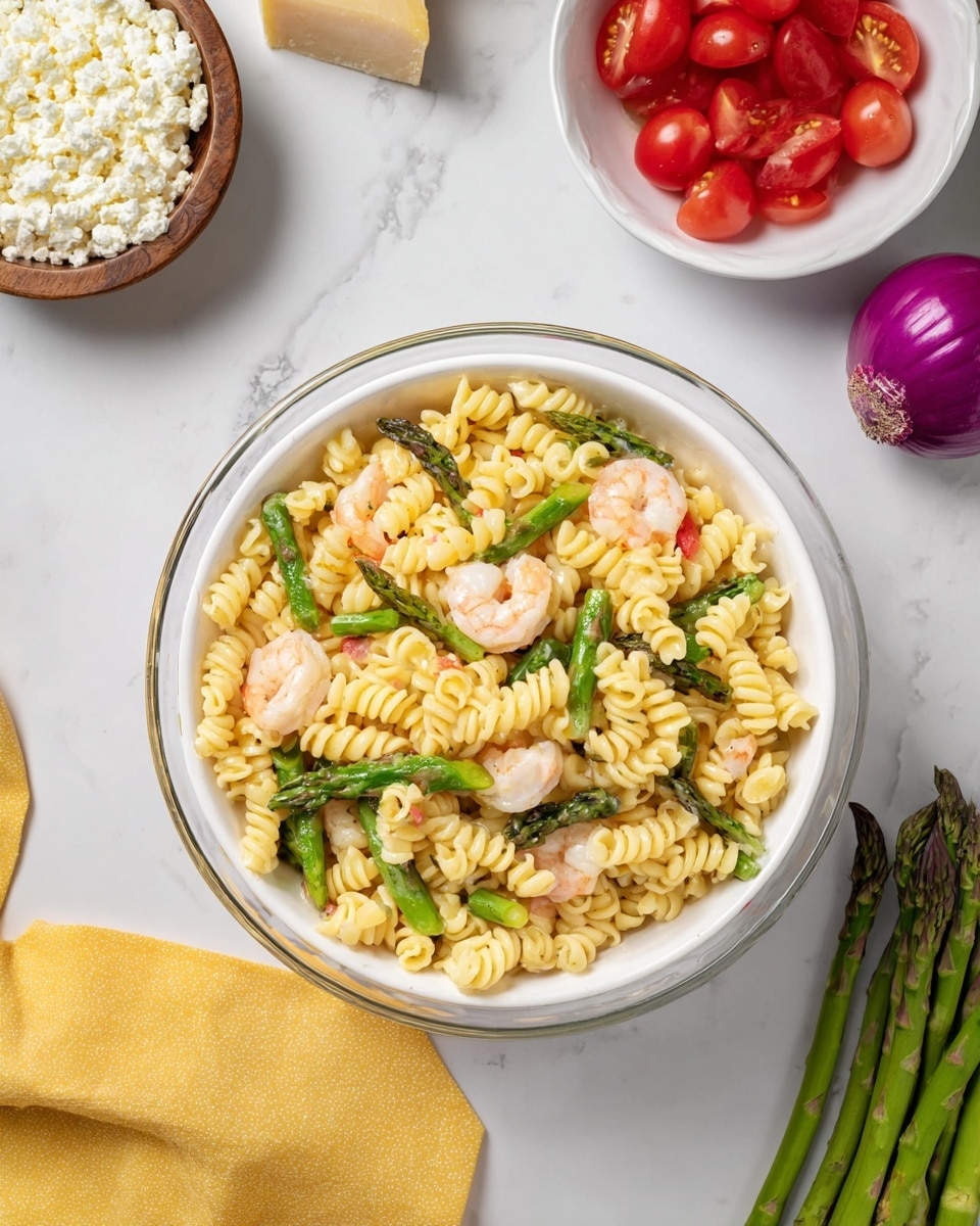 A white ceramic bowl filled with rotini pasta, light yellow in color, mixed with small pink shrimp and bright green asparagus pieces, all evenly distributed throughout the pasta. The bowl is placed inside a clear glass dish. Around the bowl are fresh ingredients: a bunch of green asparagus spears, a halved purple onion, halved red cherry tomatoes in a white bowl, and a white bowl filled with crumbled white cheese, all set on a white marbled surface. A yellow cloth is partially visible at the bottom left corner. Photo taken with an iphone --ar 4:5 --v 7