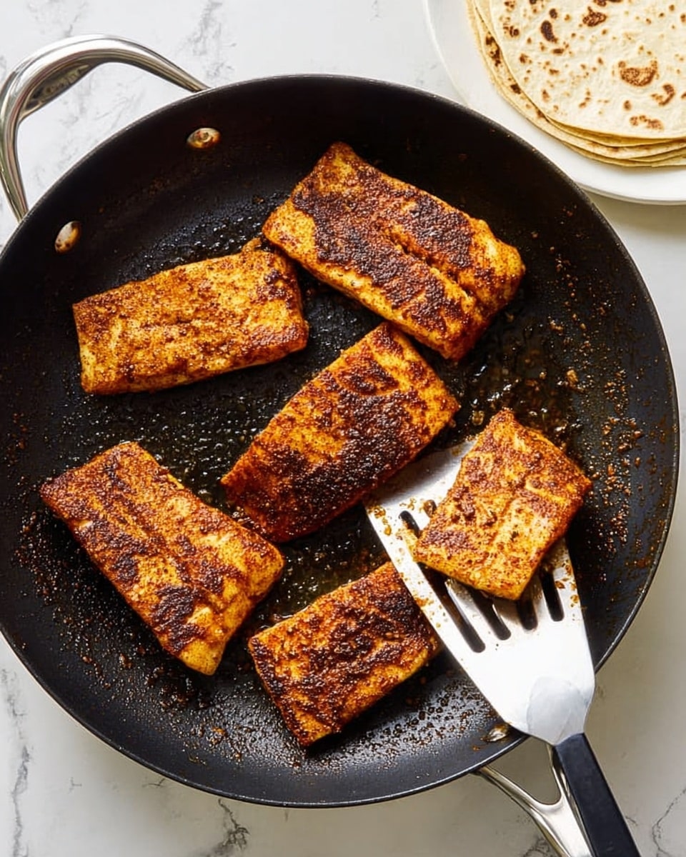 This image shows six pieces of golden brown, well-spiced fish fillets cooking in a black frying pan with a metal handle. The fillets have a rough, crispy texture from the cooking spices, with some parts darker from the heat. Near the bottom right fillet, a metal spatula with a black handle is lifting one piece slightly. In the upper right background, there is a stack of white tortillas with light brown toasting marks on a white plate. The surface under the pan and plate is a white marbled texture. photo taken with an iphone --ar 4:5 --v 7