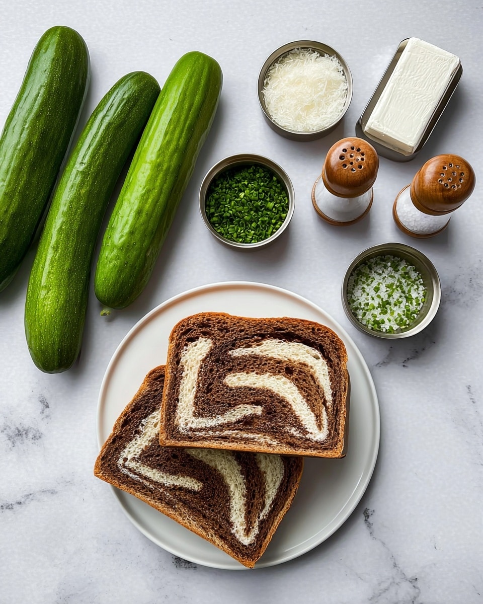 The image shows two thick slices of swirled brown and white bread placed on a white plate, positioned on the lower right. To the left of the plate, there are three long green cucumbers with smooth skin lined up vertically. Above the cucumbers, there are four small metal containers and two wooden-topped salt and pepper shakers. The containers hold finely chopped green herbs and grated white cheese. There is a silver rectangular block, likely cream cheese, set just above the plate. The background is a white marbled texture. photo taken with an iphone --ar 4:5 --v 7